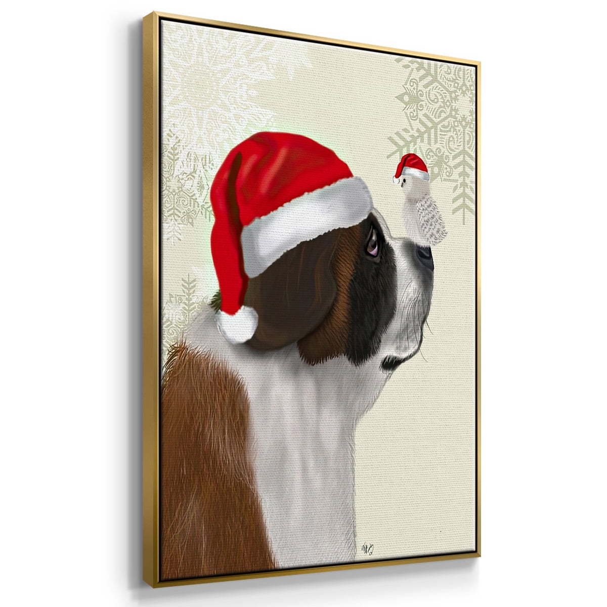 Christmas St Bernard and Fluffy Owl - Framed Gallery Wrapped Holiday Canvas - 25 x 37 - Gold Frame