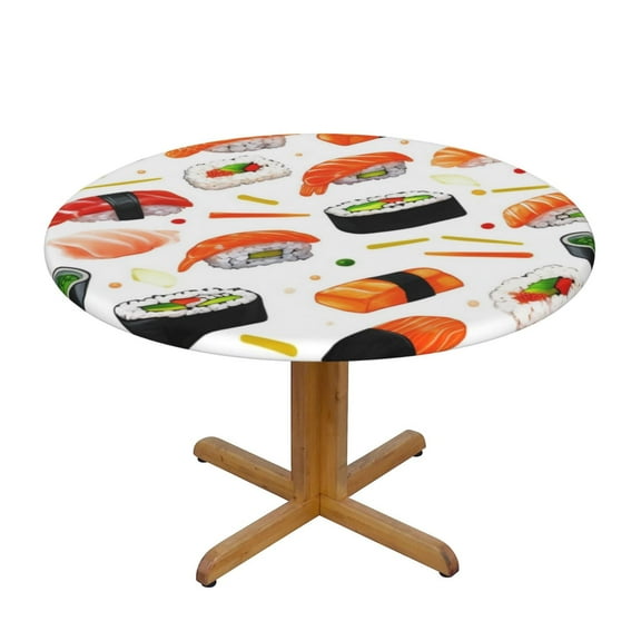 Sushi Round Fitted Tablecloths Table Covers Wipeable Waterproof Elastic for Kitchen Dinning Parties Wedding Picnic Small Fits 40-44 Inch Table Size