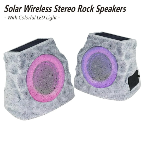 Postlucky Outdoor Solar Bluetooth Rock Speakers 2-Pack, Powerful Sound TWS True Wireless Stereo Speaker with RGB Colorful LED Light for Indoor Outside Patio Garden, Gray