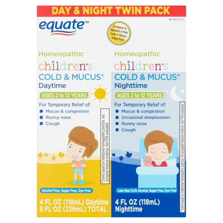 Equate Children's Homeopathic Daytime & Nighttime Cold & Mucus Liquid Twin Pack, 4 fl oz, 2 (Best Homeopathic Medicine For Cold And Cough)