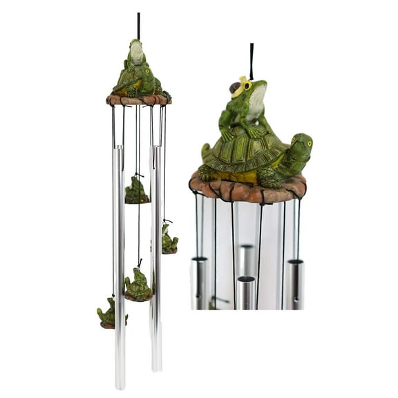 Ebros Tortoise Piggybacking Green Frog With Snail Garden Patio Wind Chime Decor