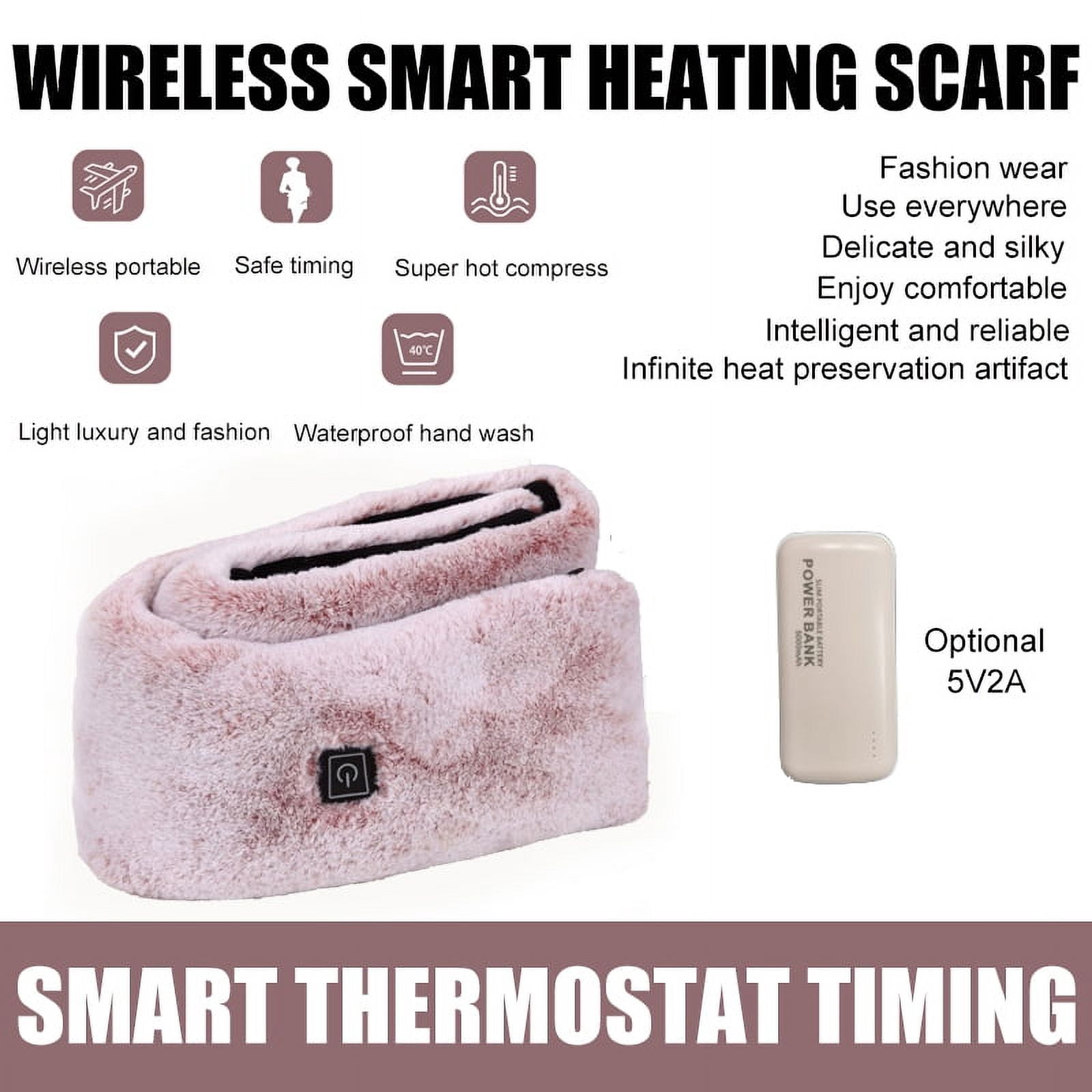 Heated Small Scarf with Neck Heating Pad - Solid Color Electric Rechargeable Heated Neck Shawl for Men/Women as Warming Scarf - Pink