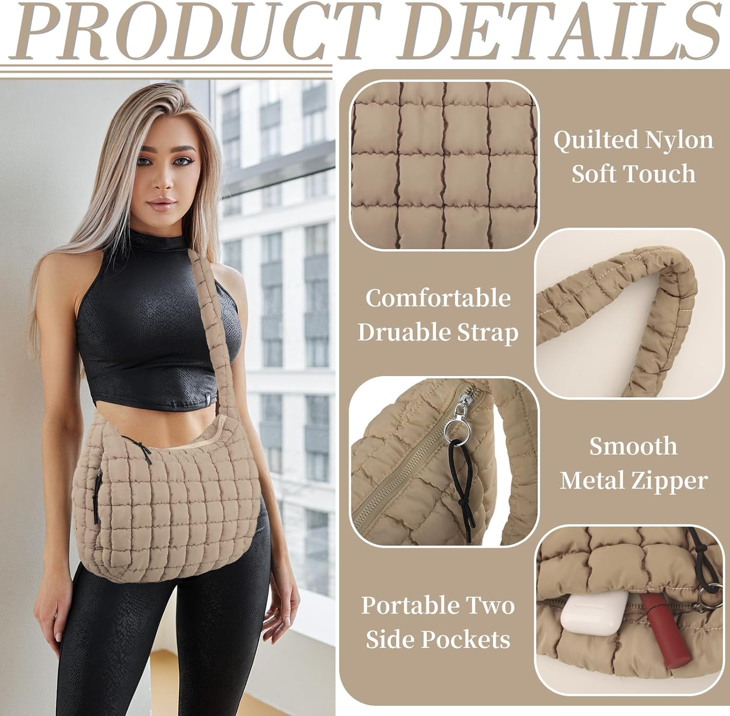 Lohol Quilted Puffer Tote Bag for Women - Large Crossbody Bag, Lightweight Nylon Puffy Carryall Hobo Puff Shoulder Bag-Khaki