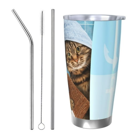 

Goofa Funny Cat Taking a Bath for 20 oz Skinny Tumbler Stainless Steel Coffee Mug Slim Vacuum Insulated Travel Cup Car Cup-Straw Three-piece Set