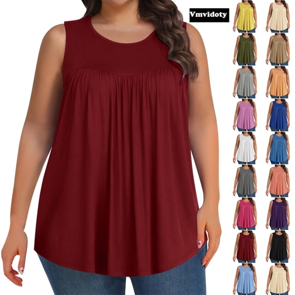 Vmvidoty Plus Size Summer Tank Tops for Women 2026 Pleated Sleeveless Shirt,Crew Neck Soft Casual Loose Fit Ruched Tee Clothes Wine 5XL