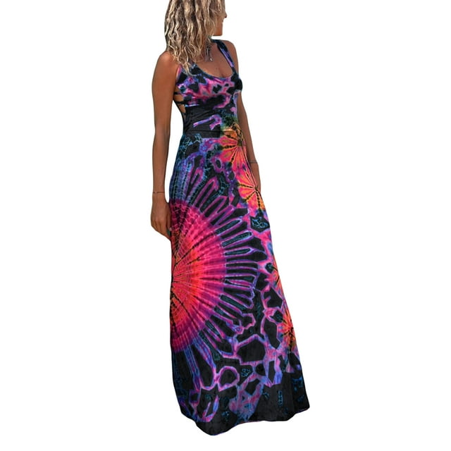 SUNSIOM Robe Longue Décontractée d'Été pour Femme, Imprimé Teinture sur Nœuds, Col en U, Sans Manches, Robe Mode à Dos Croisé