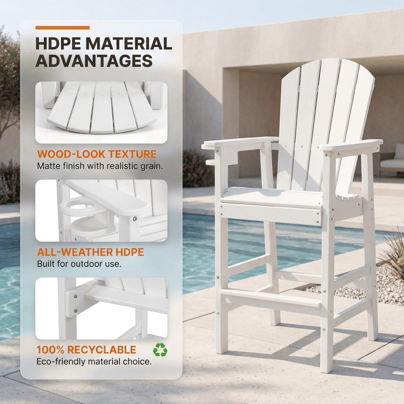 All-Weather Bar Height Adirondack Chair, Outdoor Patio Bar Stool with Armrests & Cup Holder, UV/Weather Resistant, Ergonomic High-Back Design for Deck Backyard Poolside 1PC