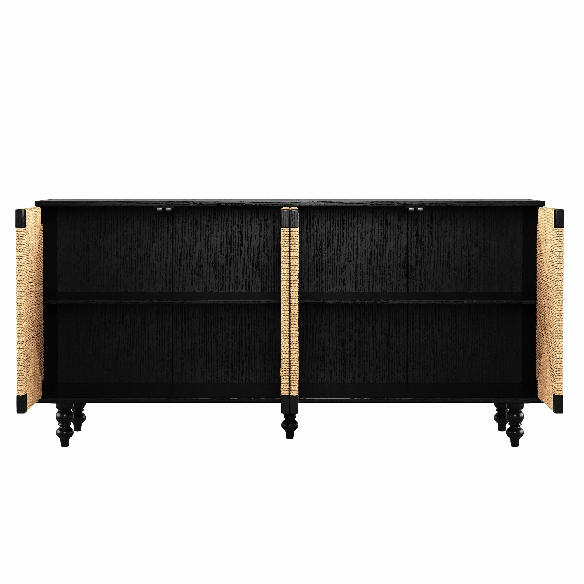 Homy Casa 59 in Boho Sideboard Buffet Cabinet with 4 Handwoven Seagrass Doors Black Natural