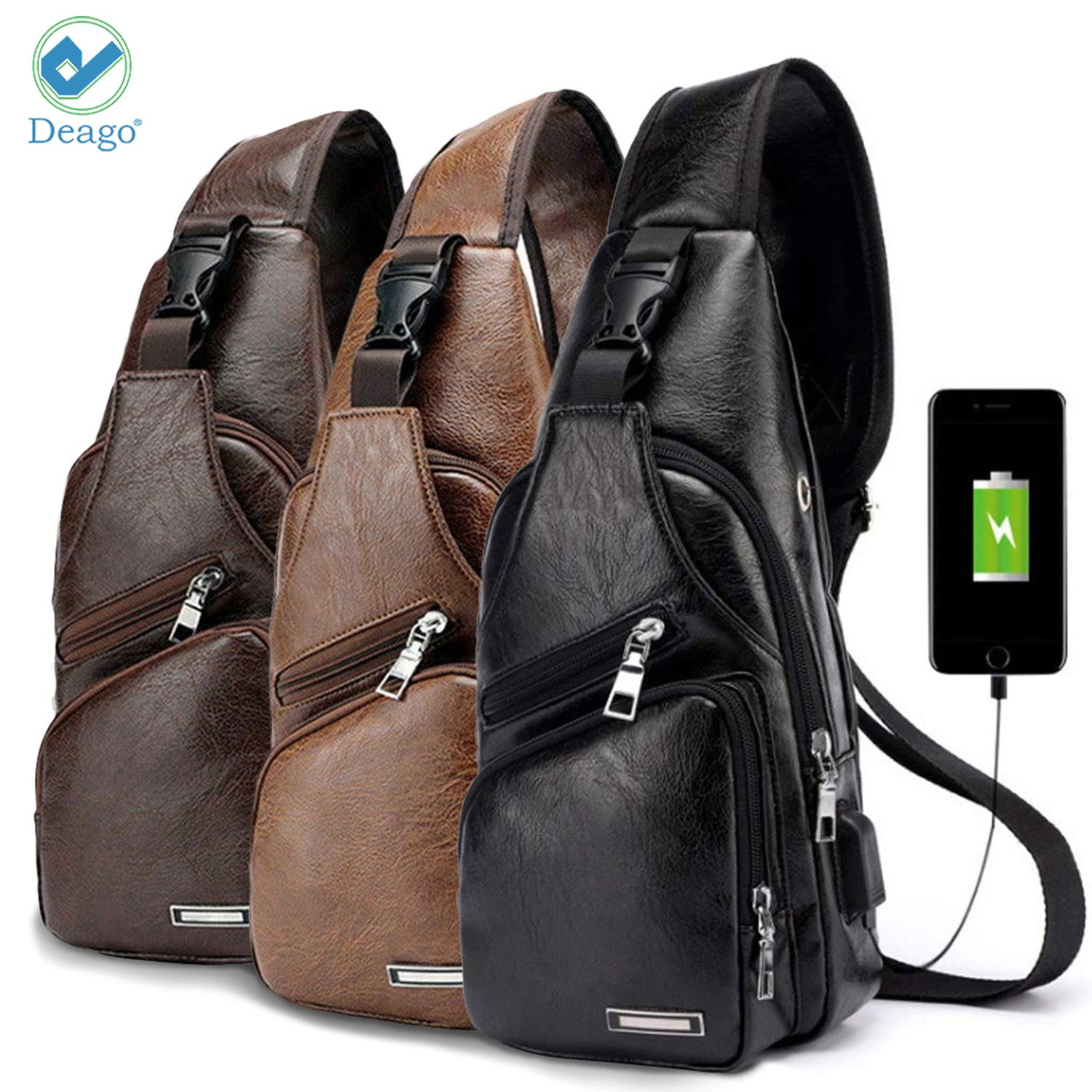 CWeep Headphone Men PU Leather Crossbody Sling Bag,Shoulder Chest Backpack USB Charging Port/Headphone Interface Anti Theft Travel/Hiking/School Dark Brown