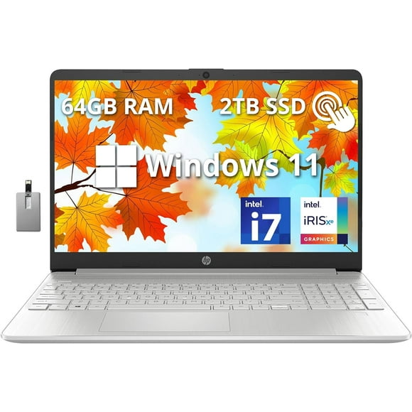 HP 15.6" FHD Touchscreen Laptop, Intel Core i7 1255U Processor, 64GB RAM, 2TB PCIe SSD, Intel Iris Xe Graphics, Number Pad, Wi-Fi 5, HD Camera, Windows 11, Silver, 32GB Hotface USB Card