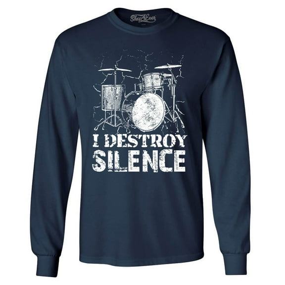 Shop4Ever Men's I Destroy Silence Drums Drummer Long Sleeve Shirt X-Large Navy