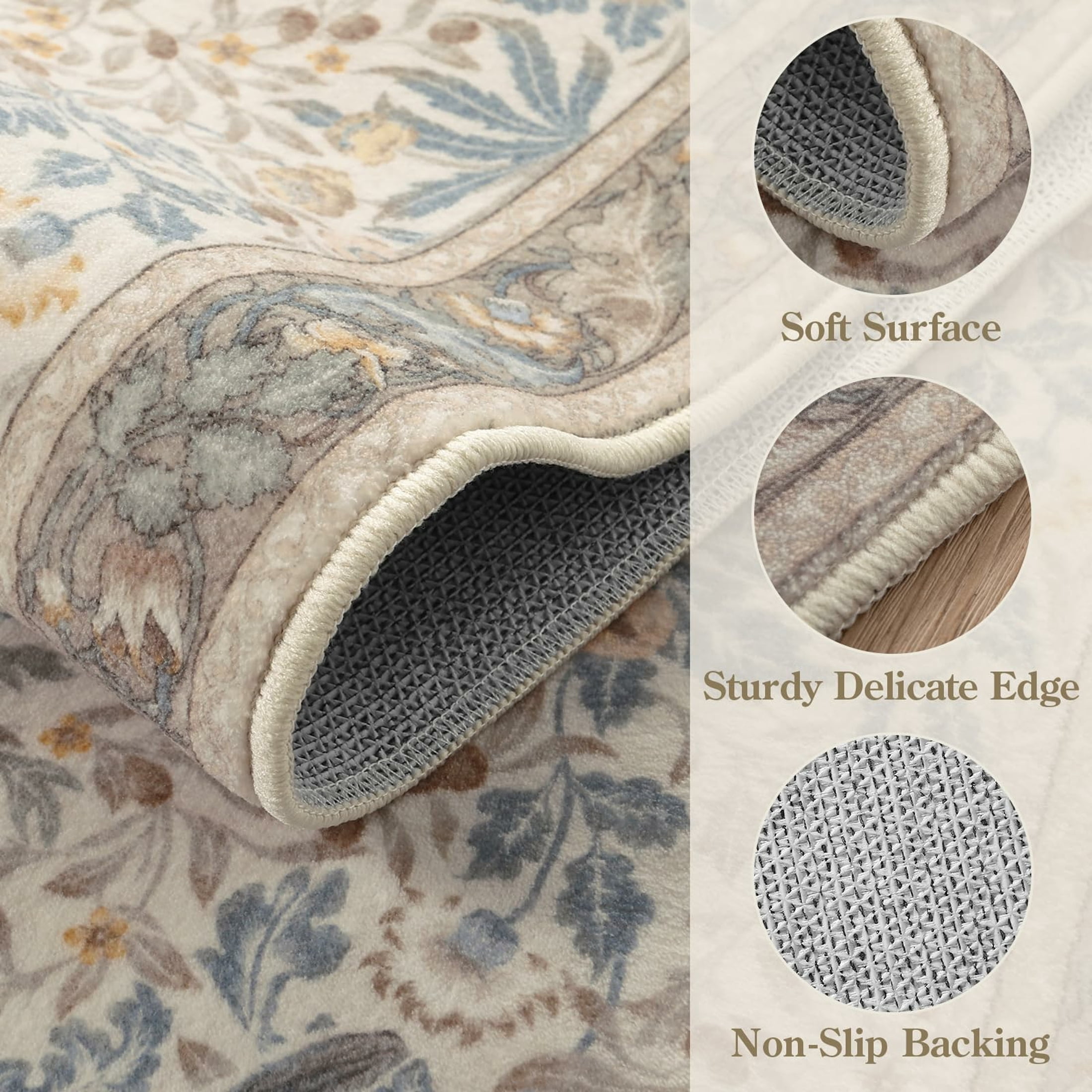 Moynesa 8'x10' Vintage Bird Washable Rugs for Living Room, Beige Botanical Floral Large Area Rugs for Bedroom, Non-Slip Soft Natural Rugs for Dining Room, Accent Carpet for Under Table Apartment