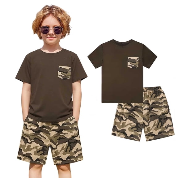 Boys Clothes Short Sleeve Camo T Shirt Top Shorts Set with Pockets Casual Summer Outifts for Kids 4-14 Years