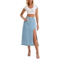 thumbnail image 2 of Falda de mezclilla de mujer INSPIRE CHIC, cintura alta, corte en A, abertura hasta el muslo, longitud midi, 2XL, azul claro, 2 of 6