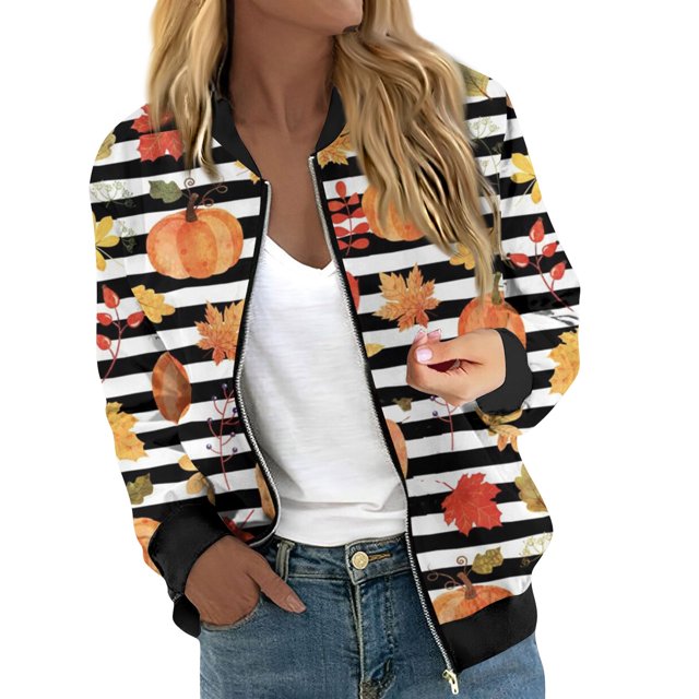 Chaqueta bomber con temática de Halloween para mujer, con lindos fantasmas, murciélagos y estampado de luna, informal, ligera, con cremallera