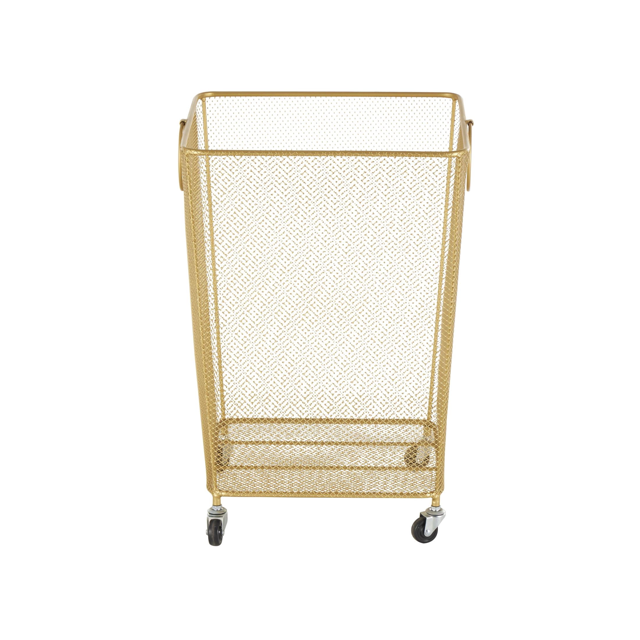 DecMode Gold Metal Square Mesh Wire Rolling Laundry Storage Cart with Ring Handles