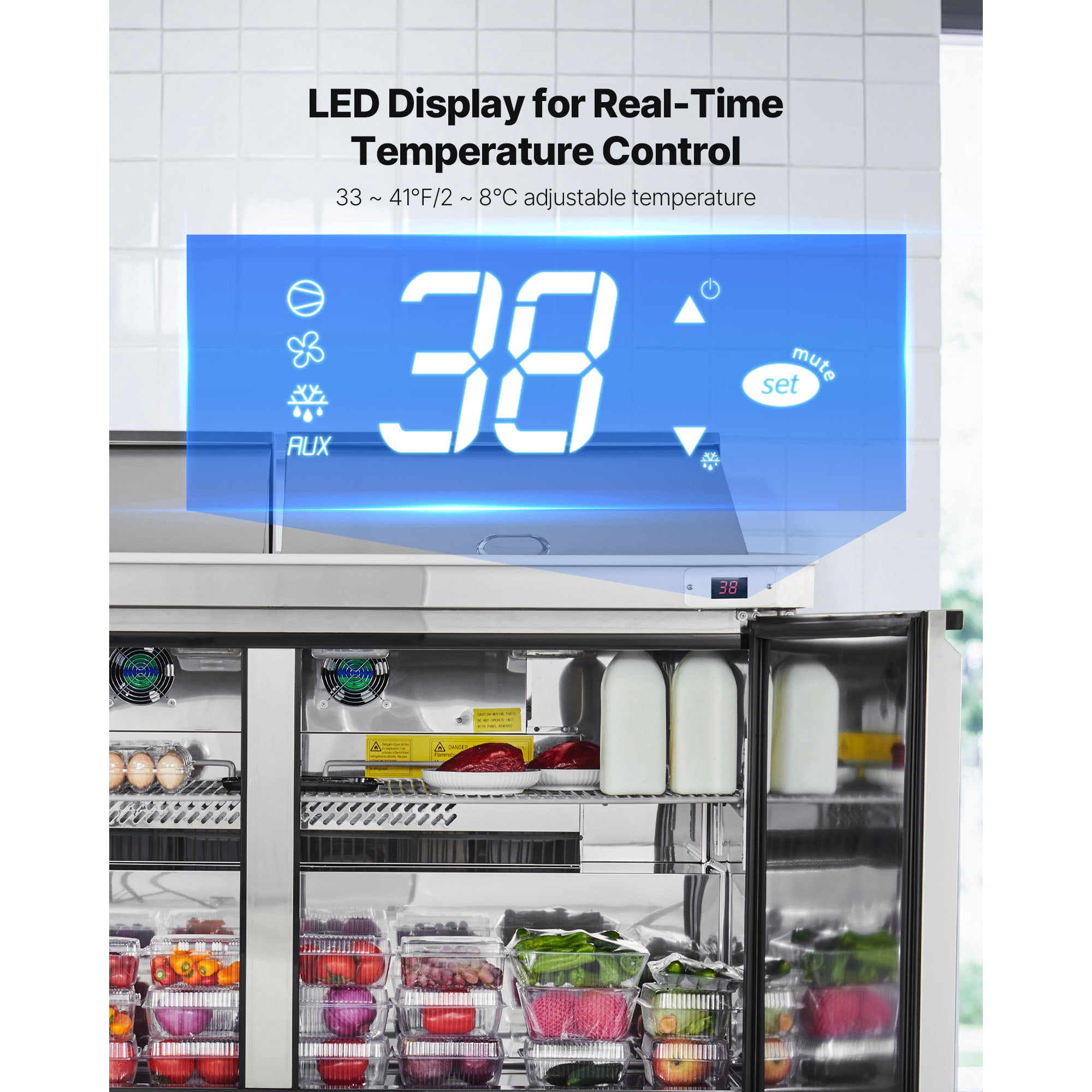 KFFKFF 60"W Commercial Refrigerator, 15.4 Cu. Ft Sandwich Prep Table, Mega Top Food Prep Fridge with 24 Pans and Cutting Board, Stainless Steel Salad Prep Cooler for Restaurants and Food Trucks