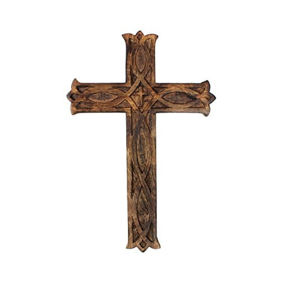 storeindya Wooden Celtic Cross Long Wall Hanging French Cross Plaque Hand Carved Antique Design Religious Altar Home Living Room Dcor Accessory (Alluring Collection (10x6x0.75))