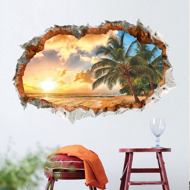 Vinilos 3D LA PUESTA DE SOL (60x90 cm) I Vinilo autoadhesivo para pared paisaje playa mar océano palmera I Decoración para salón dormitorio cocina pasillo puerta entrada adulto ShuxiuWang 8390606321862