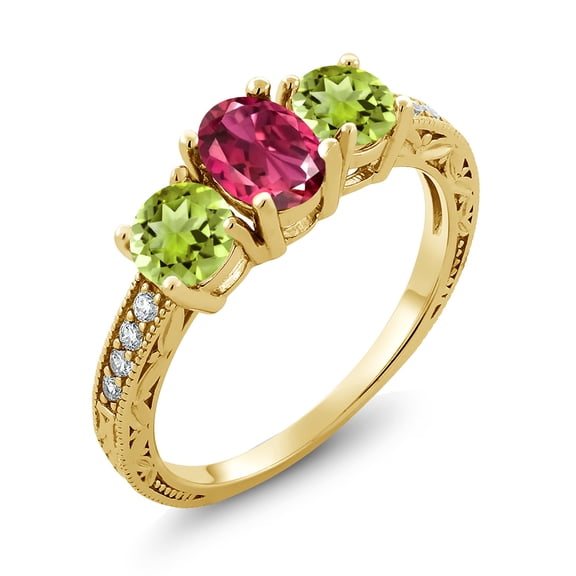 Gem Stone King 2.07 Ct Oval Pink Tourmaline Green Peridot 18K Yellow Gold Plated Silver Moissanite Ring (Size 8)