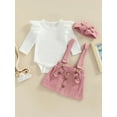 thumbnail image 3 of Bagilaanoe 3PCS Newborn Baby Girls Skirt Set Long Sleeve Ribbed Snap Romper Tops + Suspender Skirt + Headband 3M 6M 12M 18M Casual Outfits, 3 of 9
