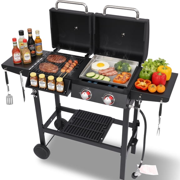 CIG GARDEN 2-Burner Gas and Charcoal Grill Combo with Cast Iron Grates, Stainless Steel Griddle Pan, and Side Tables