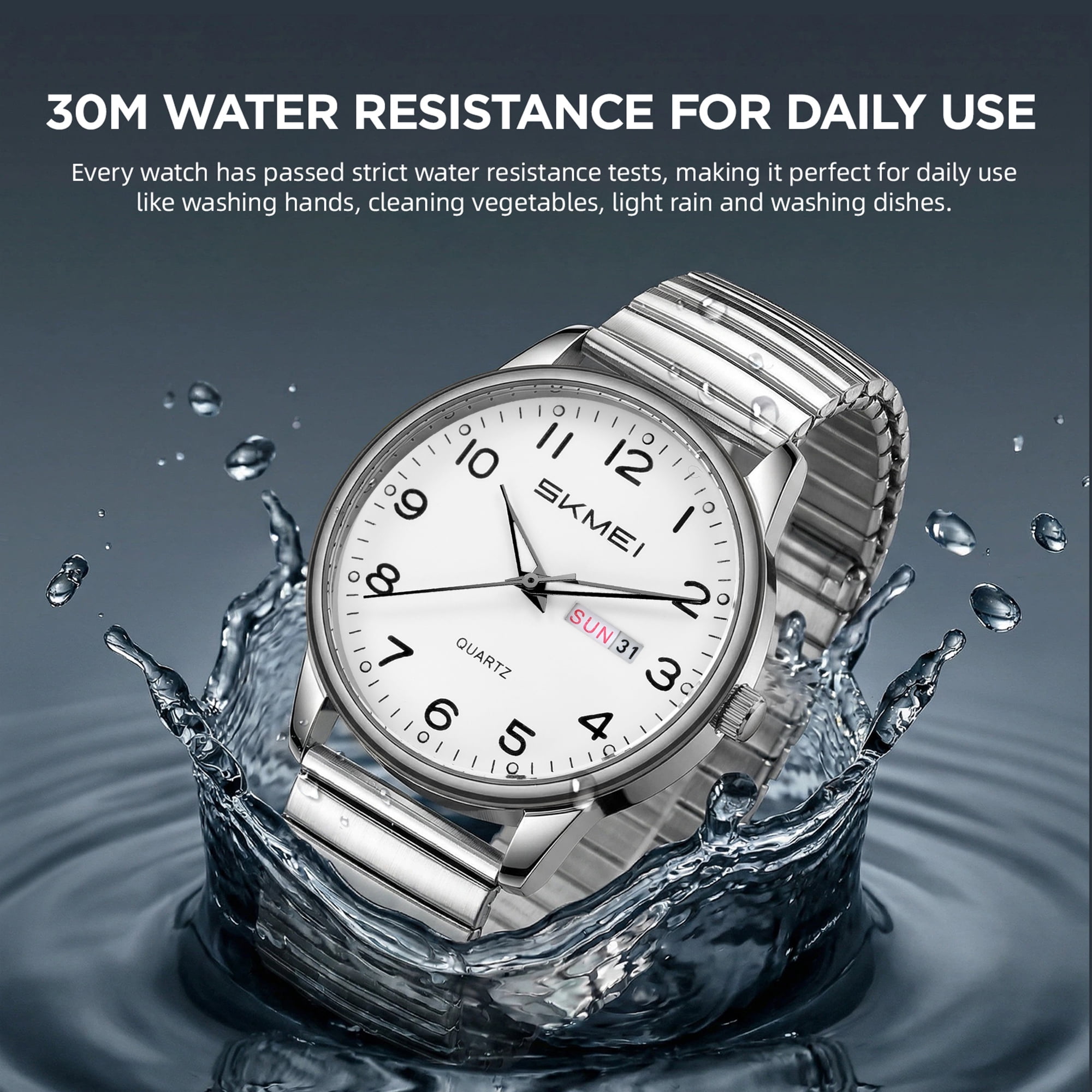 SKMEI Watches for Men Easy Reader Analog Mens Quartz Watch with Stainless Steel Expansion Band Luminous waterproof watch