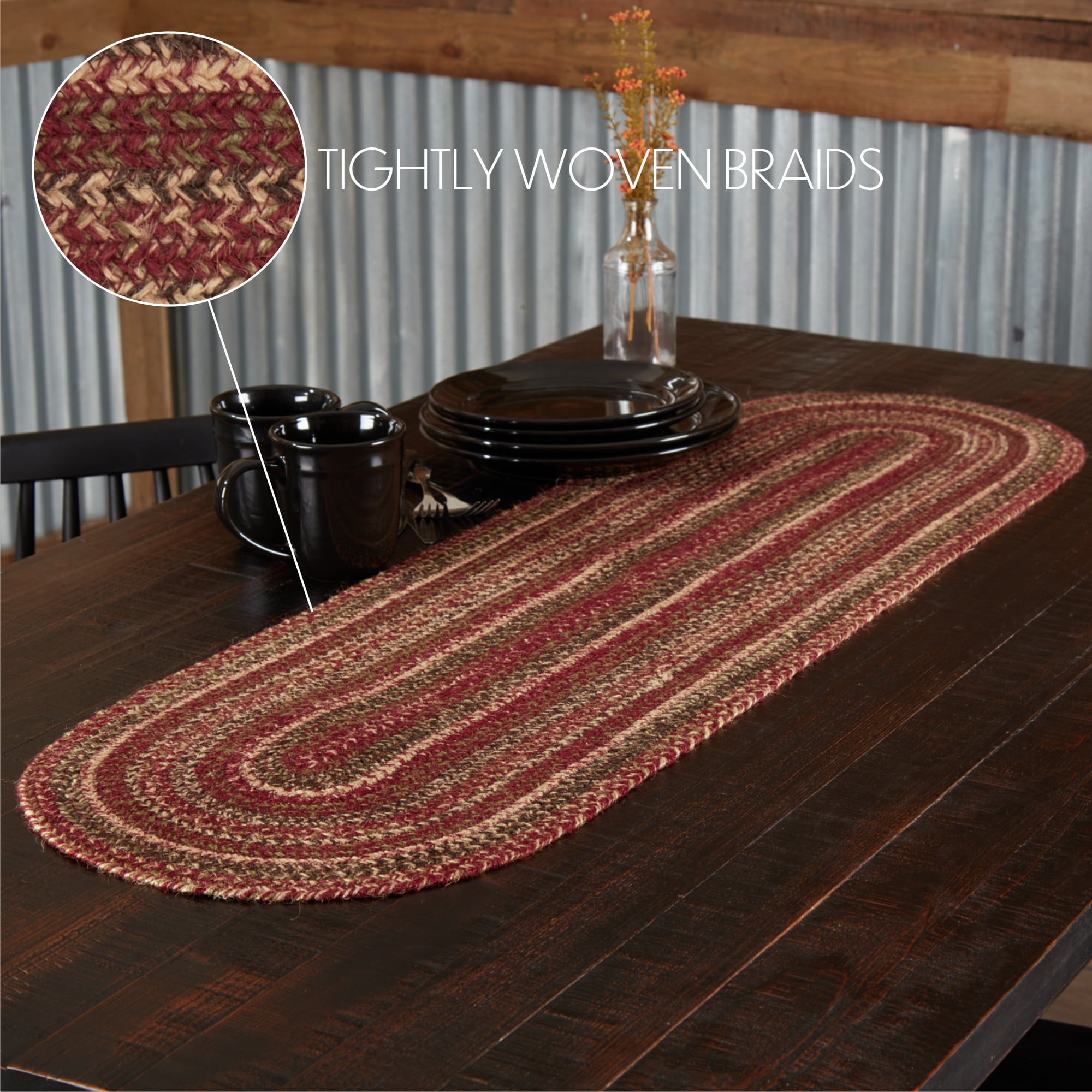 VHC Brands Cider Mill Primitive Jute Red Textured Striped Oval Kitchen Table Runner 13"x36"