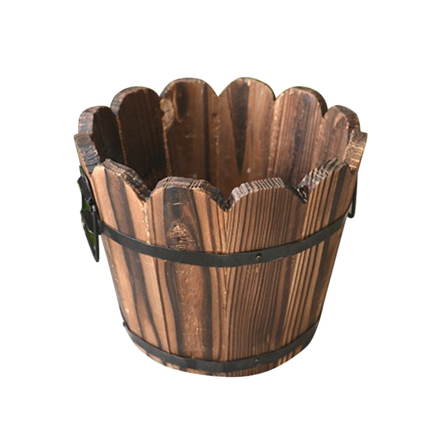EeaseMX Maceta de madera maciza carbonizada con forma de flor, ideal para balcón, decoración del hogar, estilo retro, con boca ondulada, tamaño pequeño (marrón)