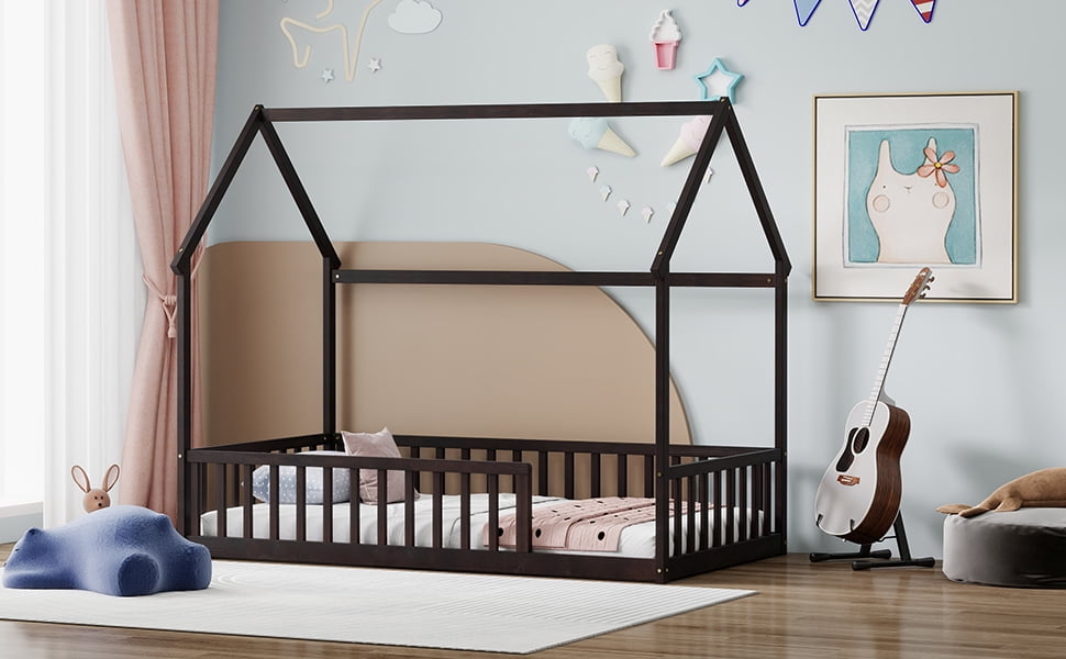 Twin House Floor Bed with Full Safety Fence, Solid Pine Montessori Kids Playhouse Bed Frame No Box Spring Needed Max 250 LBS for Toddler Nursery Bedroom