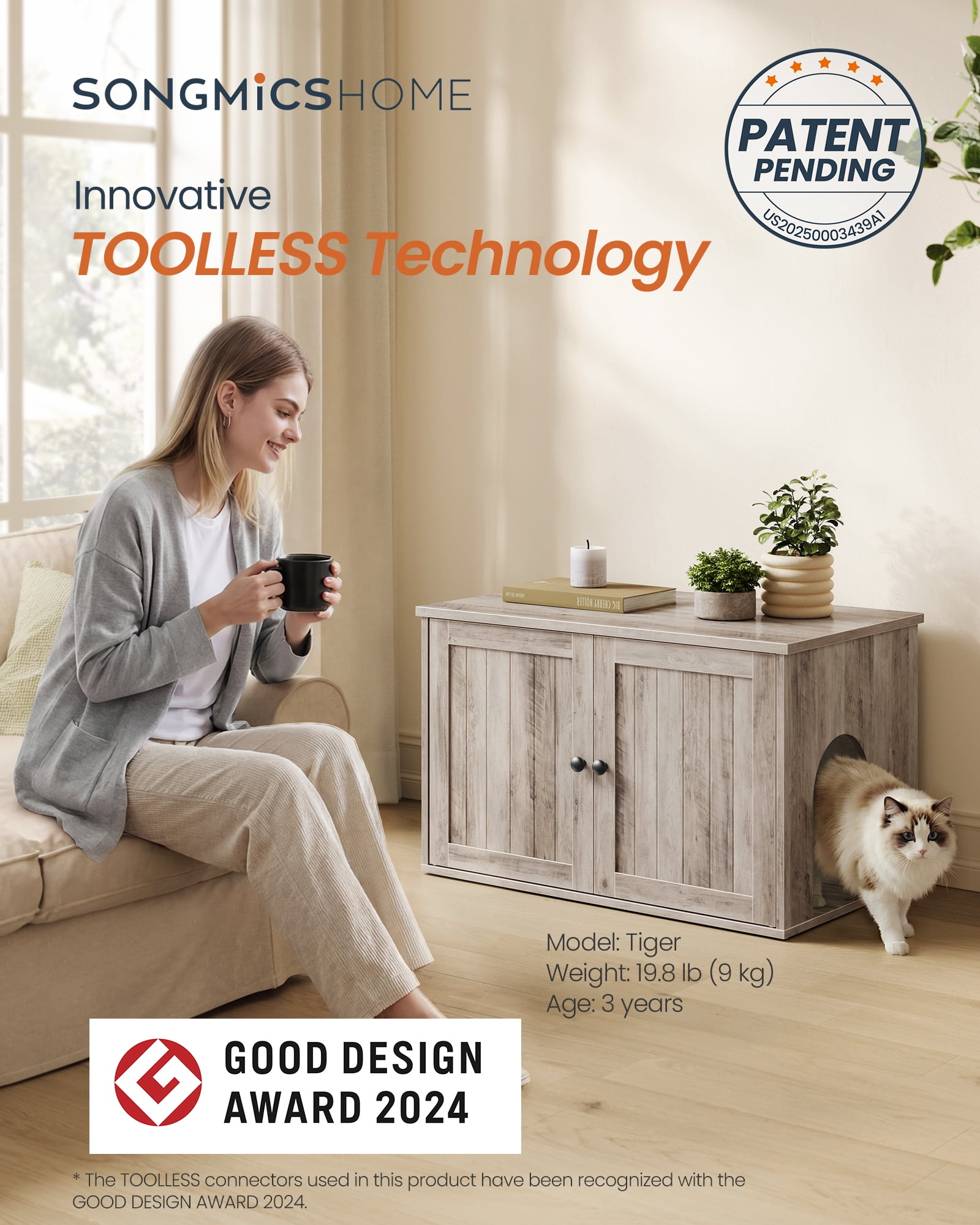 SONGMICS Home Litter Box Enclosure, Superfast Toolless Assembly, Cat Litter Box Furniture, Push-to-Open Doors, Indoor Cat House, Greige
