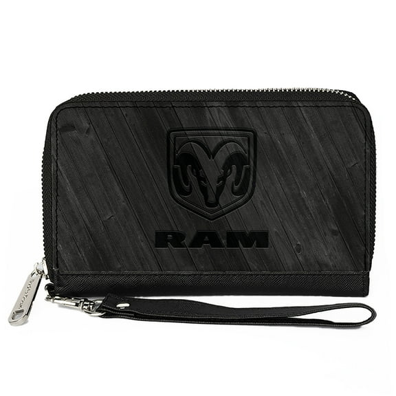 Ram Wallet, Zip Around, Ram Logo Wood Grain Grays, Vegan Leather