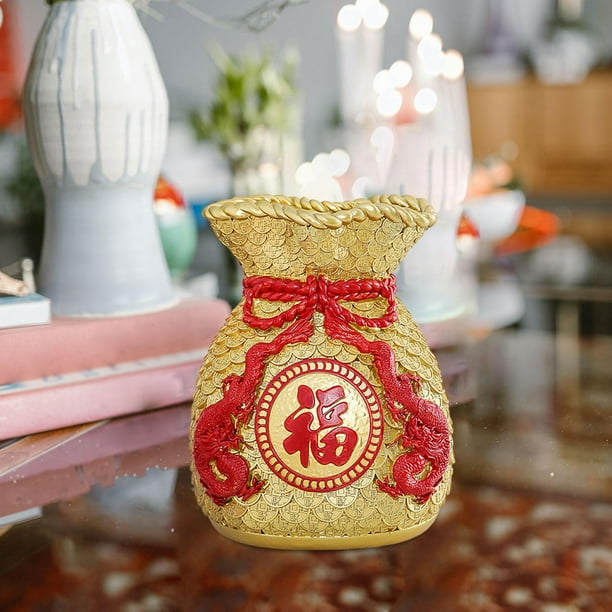 Estatua decorativa de jarrón con bolsa de bendición Feng Shui de año Nuevo Chino, escultura hecha a mano para decoración de estantes de pared, ligera Oro Macarena Cesta china