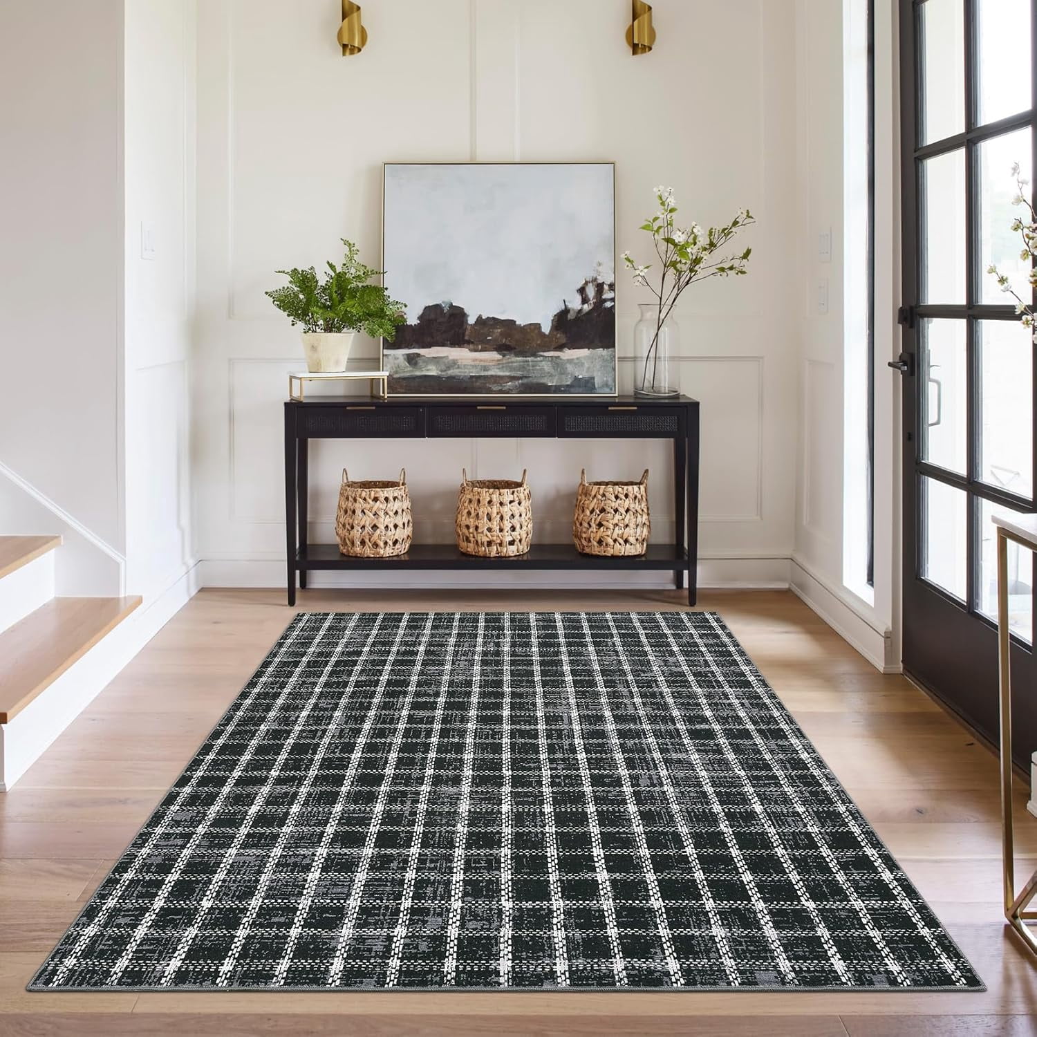 Twister.CK 3' x 5' Plaid Area Rugs, Modern Washable Stain-Resistant Carpet, Non Slip Indoor Rug for Living Room Dining Room Office, Black