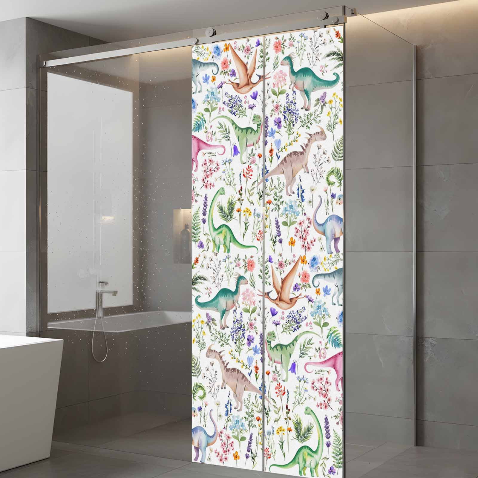 Spring Dinosaurs Window Privacy Film, Farmhouse Botanical Floral Watercolor Static Cling UV Sun Blocking Tint Film Heat Control Windows Films for Bedroom Bathroom, Window Stickers 23.6"x59"