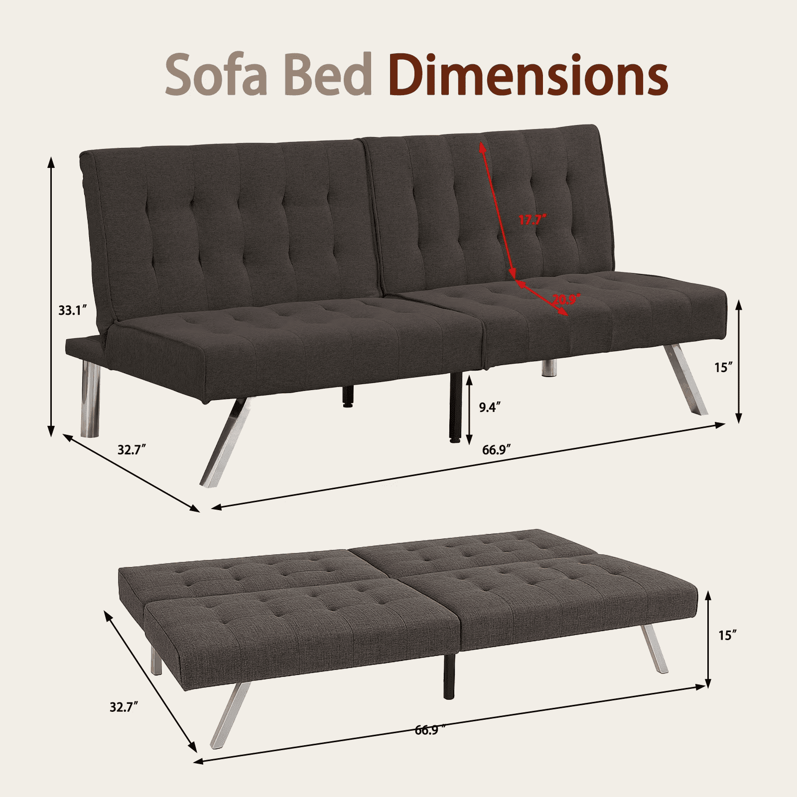 ASINMAK Convertible Sofa Bed Adjustable Couch Sleeper, Fabric Loveseat Futon Bed with Breathable Chenille, Metal Legs, and Adjustable Lounge - Perfect for Compact Living Space - Espresso