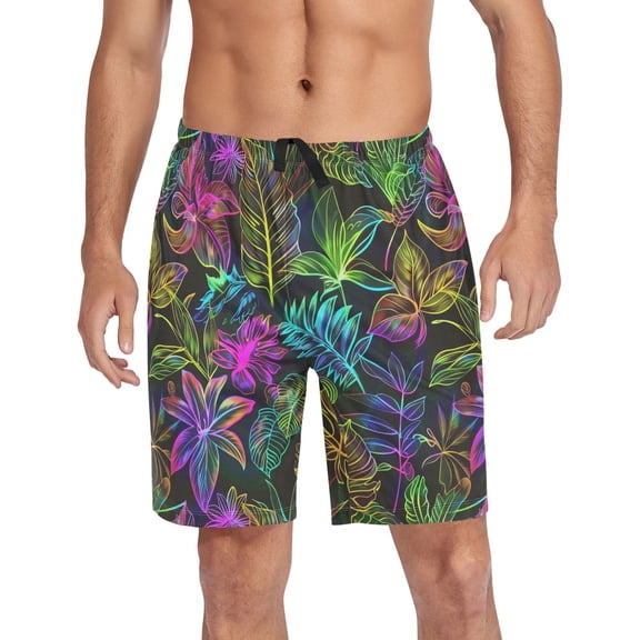 Men's Pajama Shorts Bottoms with Pockets Soft Lightweight Lounge Sleep Wear Neon Leaf