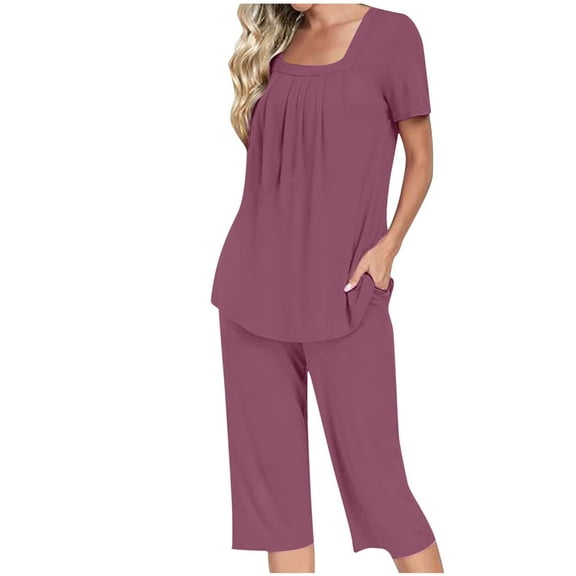 Annhoo Lounge Sets for Women Short Sleeve Casual Pleated Square Neck T Shirts and Capri Pants 2 Piece Loungewear