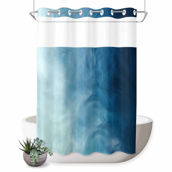 No Hook Shower Curtain, Blue Ombre Shower Curtains for Bathroom with See Through Top Window, Coastal Beach Modern Abstract Art Waterproof & Washable Bath Curtain Extra Long 72"x84"