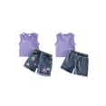 thumbnail image 2 of BemeyourBBs Toddler Baby Girl Summer Clothes Little Girl Denim Outfit Casual Ruffled Trim Sleeveless Ribbed Tank Tops and 3D Flower Embroidered Jeans Denim Shorts 2 Pcs Set, 2 of 9