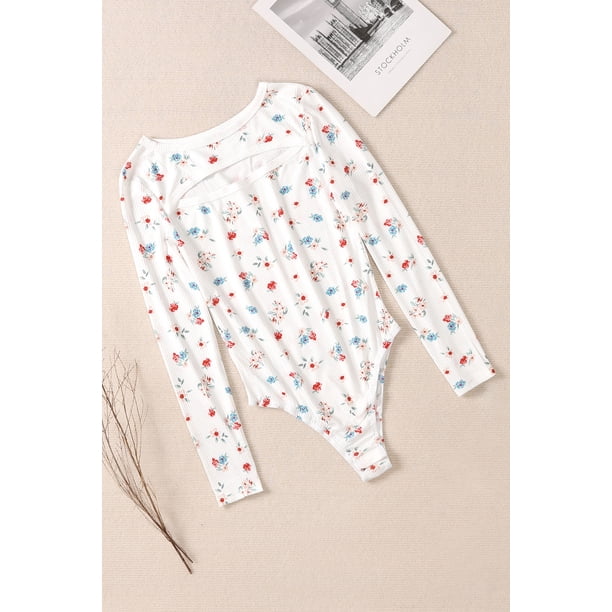 ABPHQTO Body de mujer blanco con manga larga y estampado floral recortado
