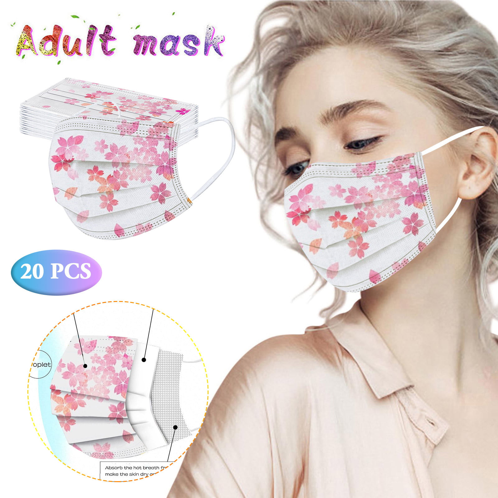 4 Plyer Non-Woven Multicolor Face Bandanas for Women Men 20PCs Disposable Floral Print Adults Face Macks with Adjustable Ear Loops for Friends 