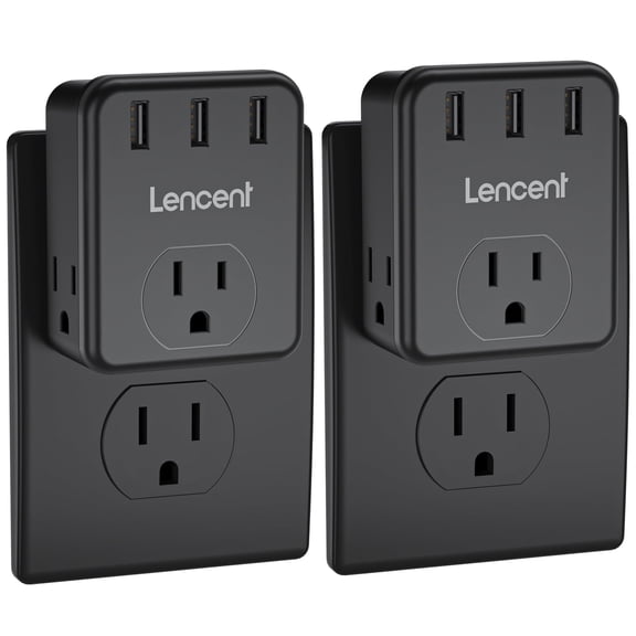  LENCENT 2 to 3 Prong Outlet Adapter Wall Outlet Extender with 3 USB ports,  Power Strip 3-Side Adapter Multiple Charger Expander for Home 2-Pack