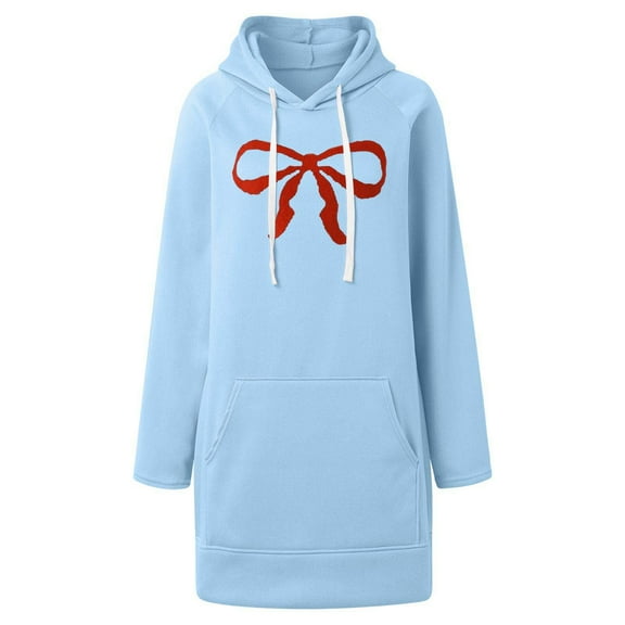 Women's Comfortable Retro Bow Printed Dress Long Sleeve Hoodie Long Sleeve Dress With Pocket