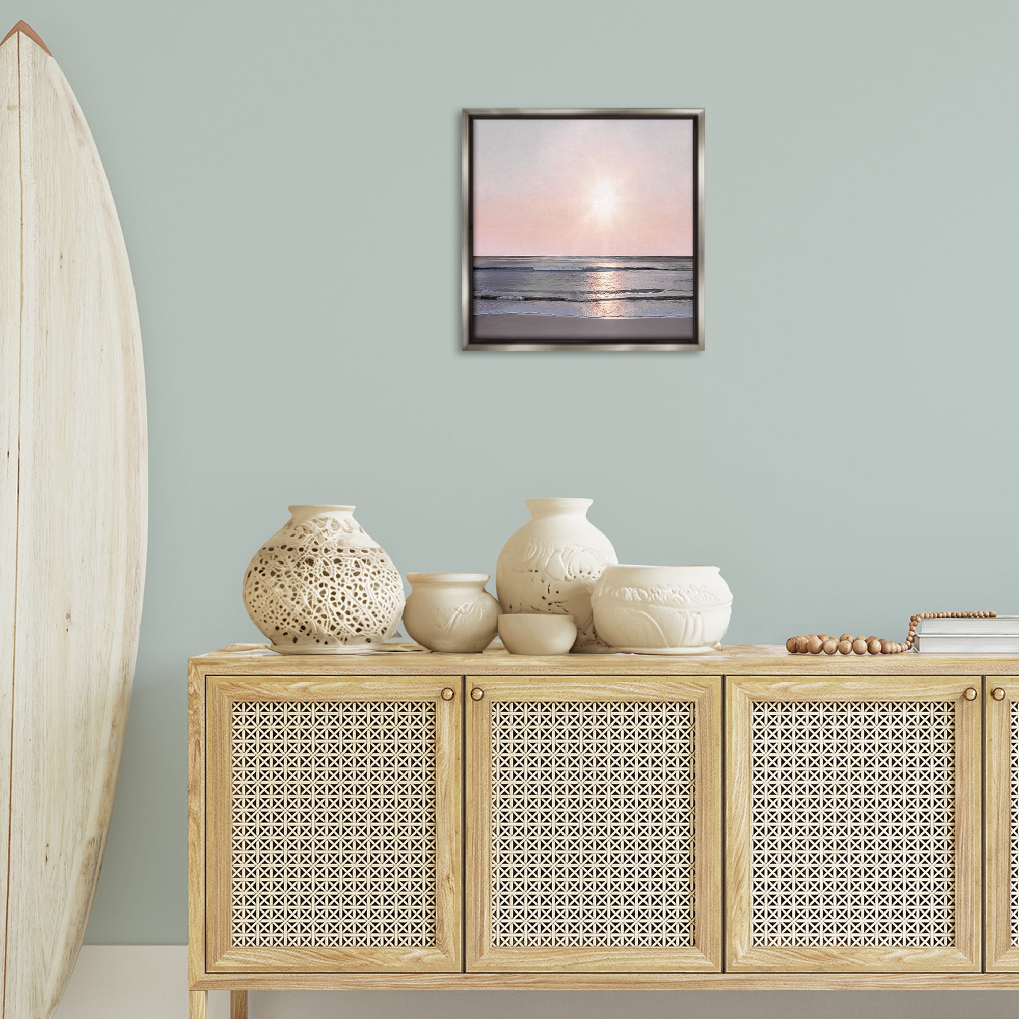 Stupell Industries Peach Sunrise over Beach Nautical & Beach Photography Gray Floater Framed Canvas Art Print Wall Art, 18 x 18