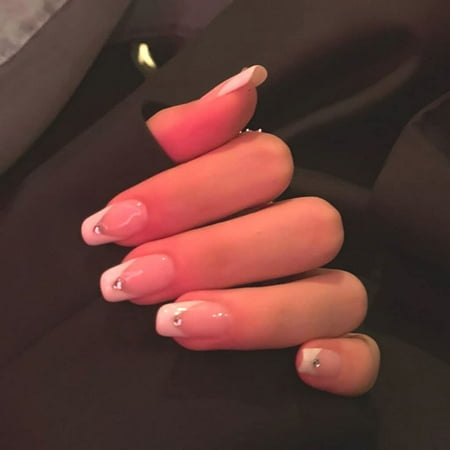 Kscd French Acrylic Nails With Rhinestones Square Glossy Press On Nails Short V Nails Design White