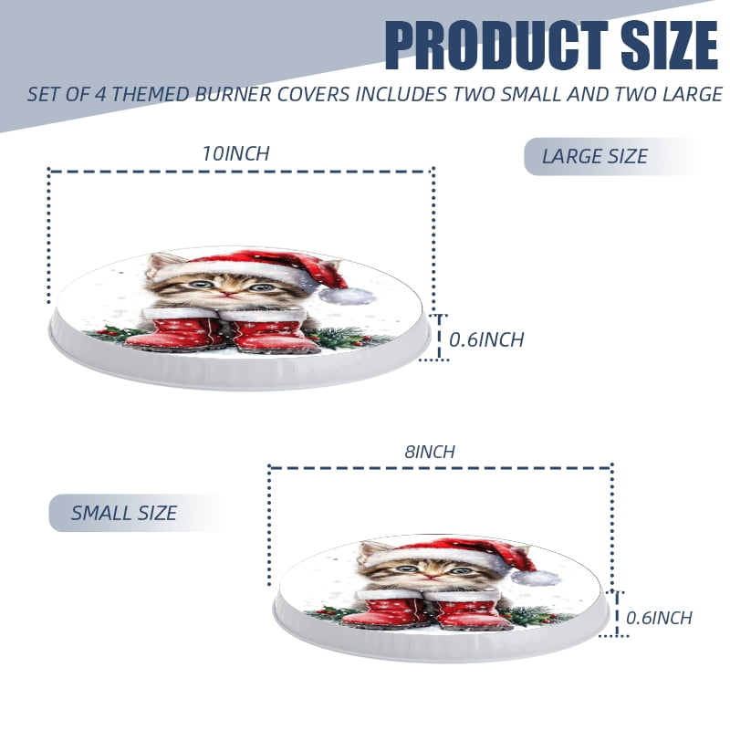 4 Pcs Christmas Gas Stove Burner Cap Set, kitten in Santa Hat and Boots Durable Round Gas Stove Burner Covers Set of 4 for Kitchen Xmas Holiday Decor, 8 Inches and 10 Inches