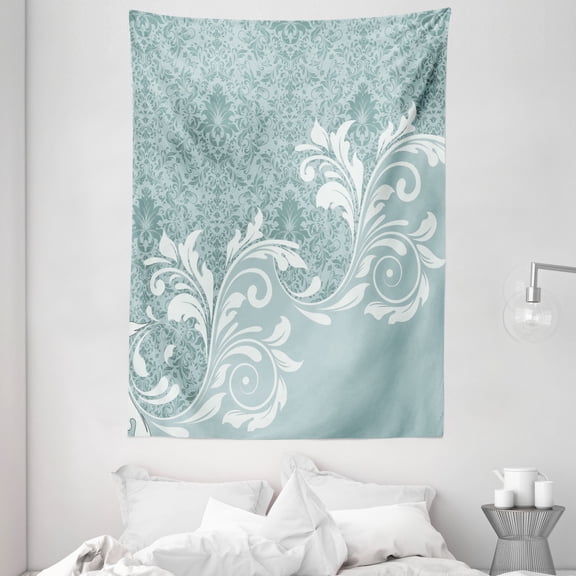 Vintage Tapestry, Retro Floral Ivy Leaves with Swirls Abstract Vector Artwork, Wall Hanging for Bedroom Living Room Dorm Decor, 60W X 80L Inches, Baby Blue White and Slate Blue, by Ambesonne