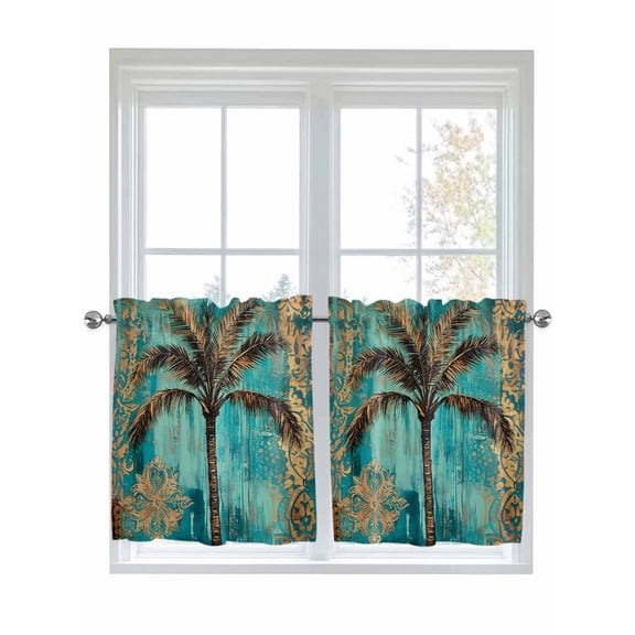 Half Window Curtain 36 Inches Long, Boho Coastal Beach Window Treatment Curtain Drapes, Summer Ocean Tropical Tree Flower Small Tier Curtains for Bathroom Over Sink, 27.5"x36", 2 Panels
