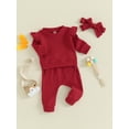 thumbnail image 3 of Bslissey Toddler Baby Girls Pants Set Solid Color Long Sleeve Sweatshirt + Elastic Waist Pants + Bow Headband 6M 12M 18M 24M 3T Infant Fall Casual Daily Clothes, 3 of 8